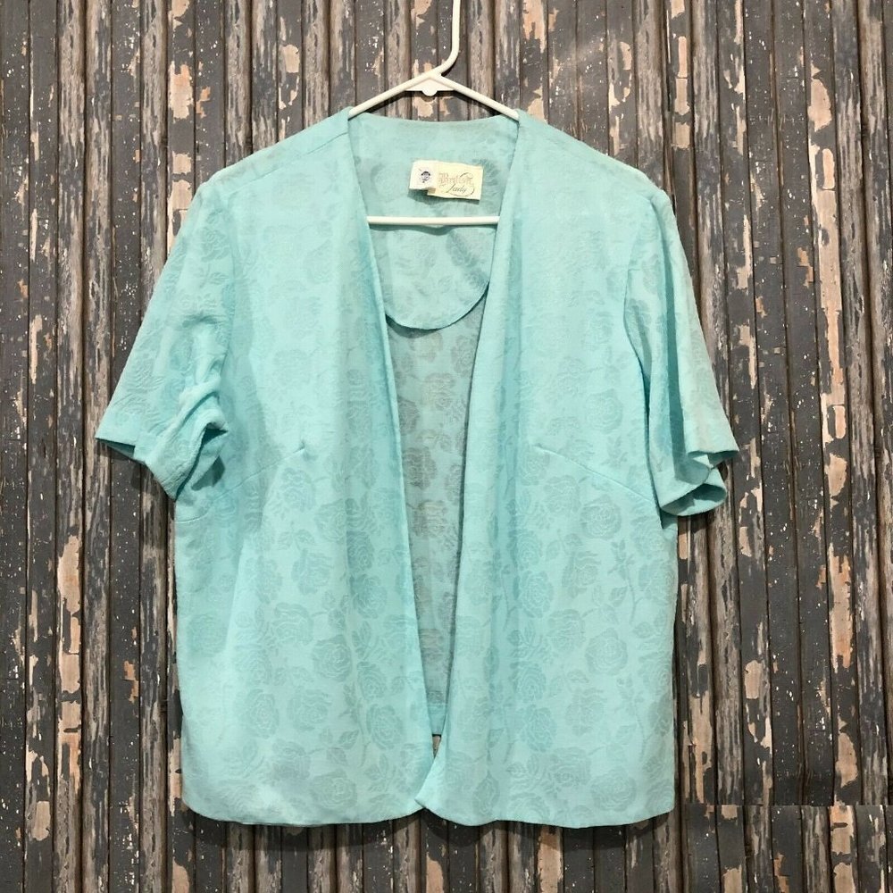 Vintage British Lady ILGWU Blue  Semi-Sheer Rose Woman's Open Cardigan 20.5